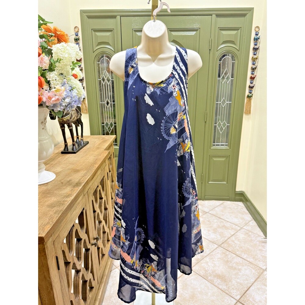 Highness Navy Blue Artistic Print Sleeveless Midi Dress – One Size Fits All